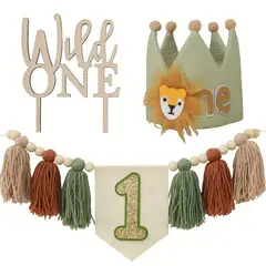 GENERICO - SOMBRERO CORONA PARA NIÑO BEBE DE DINOSAURIOS SAFARI DRAGON + BANDERIN+ TOPPER PARA PASTEL