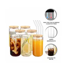 GENERICO - SET X 6 VASOS GRANDES Y RESISTENTES AL CALOR Y FRIO CON TAPA DE BAMBU Y SORBETE