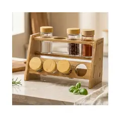 GENERICO - Condimentero con Base de Bambú y 8 Frascos de Vidrio