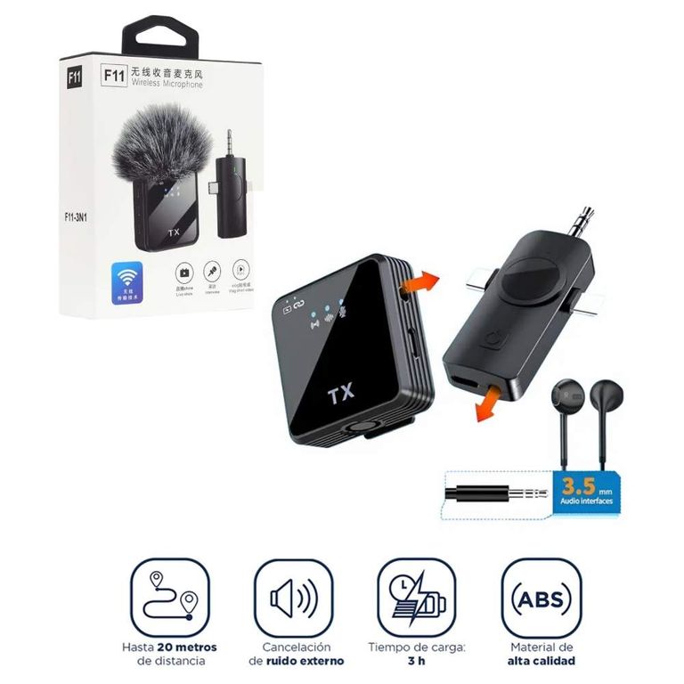 Micrófono Solapero Para Celular Cámara Inalámbrico F11 Tipo C Lightning Auxiliar