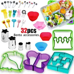 GENERICO - SET LONCHERA ESCOLAR NIÑOS NIÑAS CORTADORES SÁNDWICH MOLDES SILICONA PICKS DECORATIVOS 32 PIEZAS