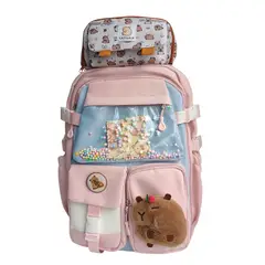 GENERICO - Mochila Capibara Escolar Porta Laptop Rosada con Cartuchera