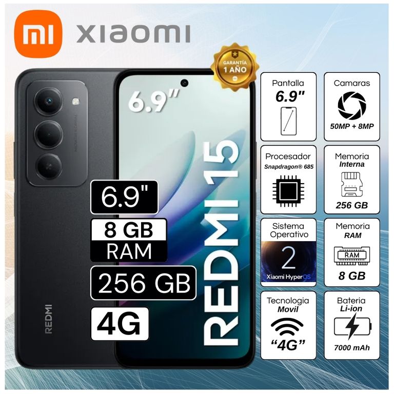 Celular Redmi 15 6.9" Pulg. 8GB RAM 256GB HyperOS 2 - Negro Ocaso