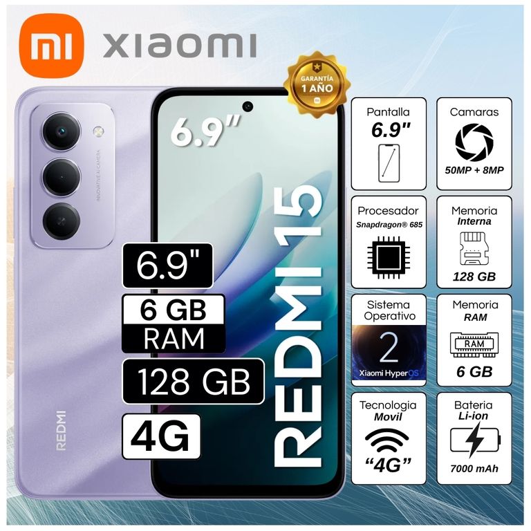 Celular Redmi 15 4G 6.9" Pulg. 6GB RAM 128GB HyperOS 2 - Morado Arena