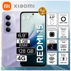 XIAOMI - Celular Redmi 15 4G 6.9" Pulg. 6GB RAM 128GB HyperOS 2 - Morado Arena