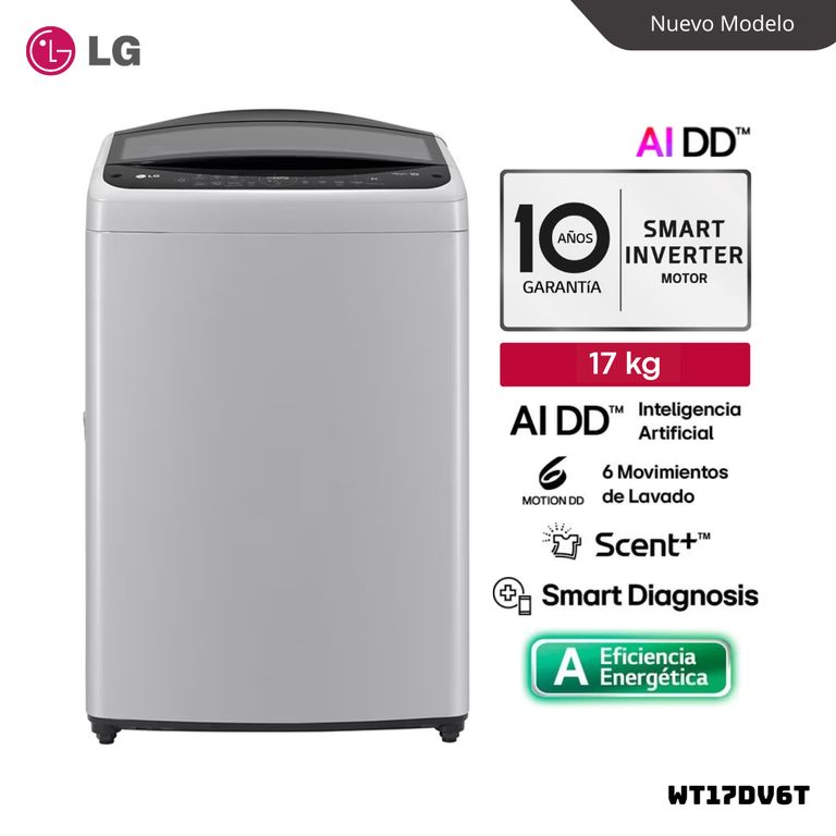 LAVADORA CON INTELIGENCIA ARTIFICIAL 17 KG CARGA SUPERIOR GRIS - WT17DV6T