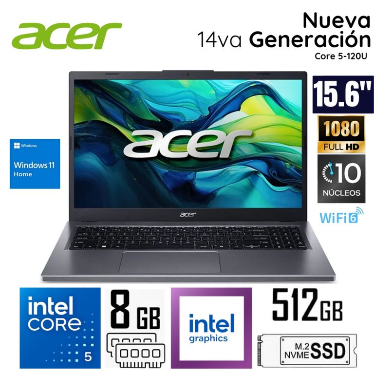 Laptop Aspire 15 Intel Core 5 120U 8GB LPDDR5 RAM 512GB SSD 15.6" FHD WIND 11 - A15-51P-57AR
