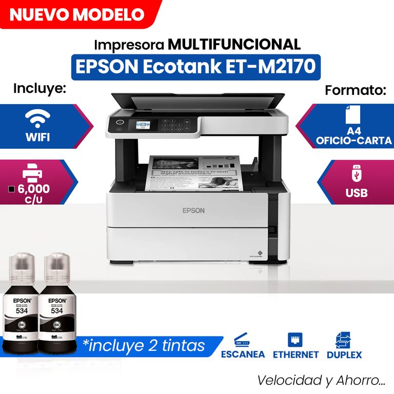 Impresora Multifuncional de tinta EcoTank ET-M2170, imprime escanea copia USB LAN WiFi