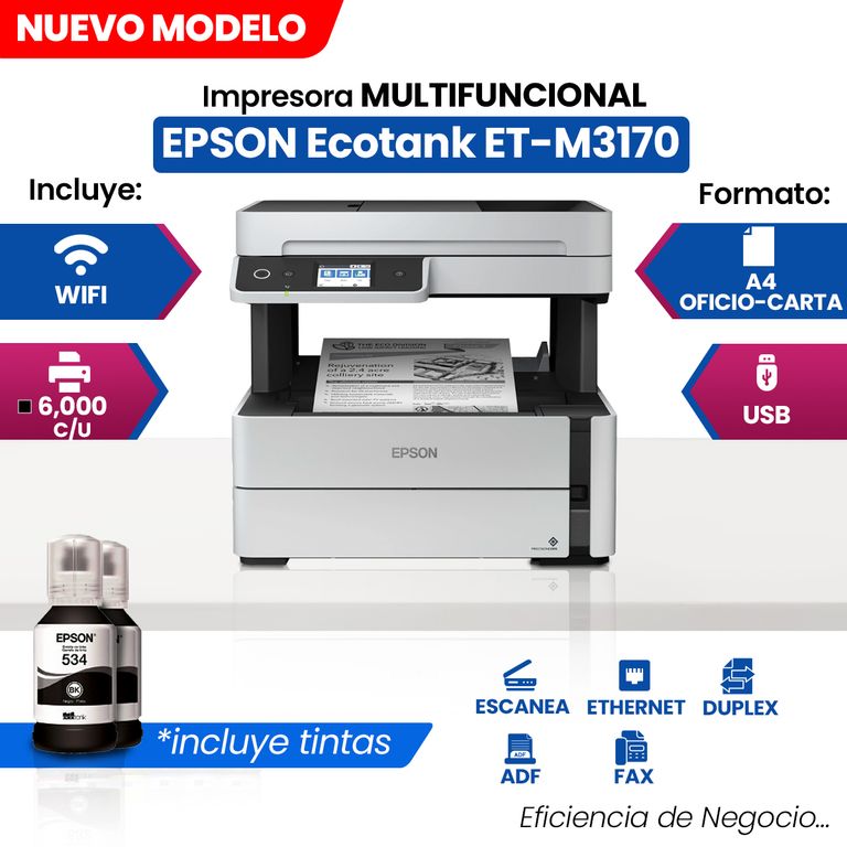 Impresora Multifuncional de tinta EcoTank ET-M3170 imprime escanea copia fax USB LAN WiFi