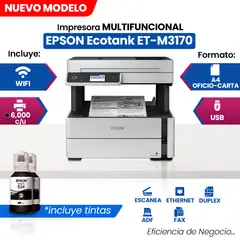 EPSON - Impresora Multifuncional de tinta EcoTank ET-M3170 imprime escanea copia fax USB LAN WiFi