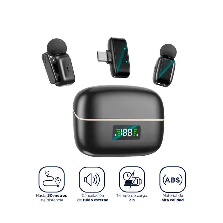 Micrófono Inalámbrico Solapero SX35 Mini con Cancelación de Ruido ANC 30 Horas 2 TX + 1 RX