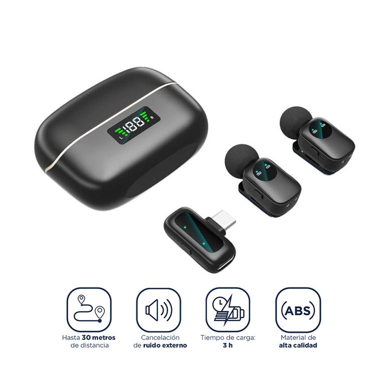 Mini Micrófono Inalámbrico con Cargador y ANC 30 Horas Tipo C con Estuche de Carga