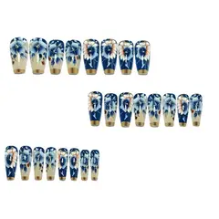 GENERICO - Set 24 Uñas Postizas Estilo Ballet Diseño Floral 3D Azul y Dorado Decoración Gemas