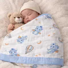 CERDITA - Manta Muselina para Bebé 4 Capas con ribete 100% algodón - Dragon celeste