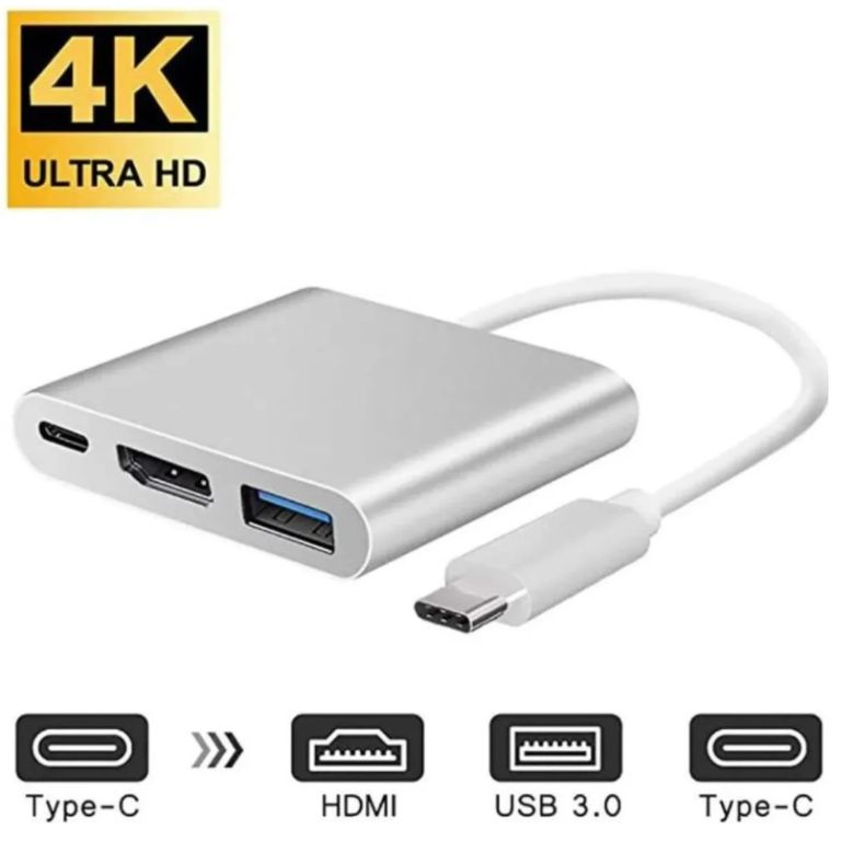 Adaptador 3 en 1 Tipo C 3.1 a HDMI, USB 3.0, Tipo C Calidad Aluminio Premium