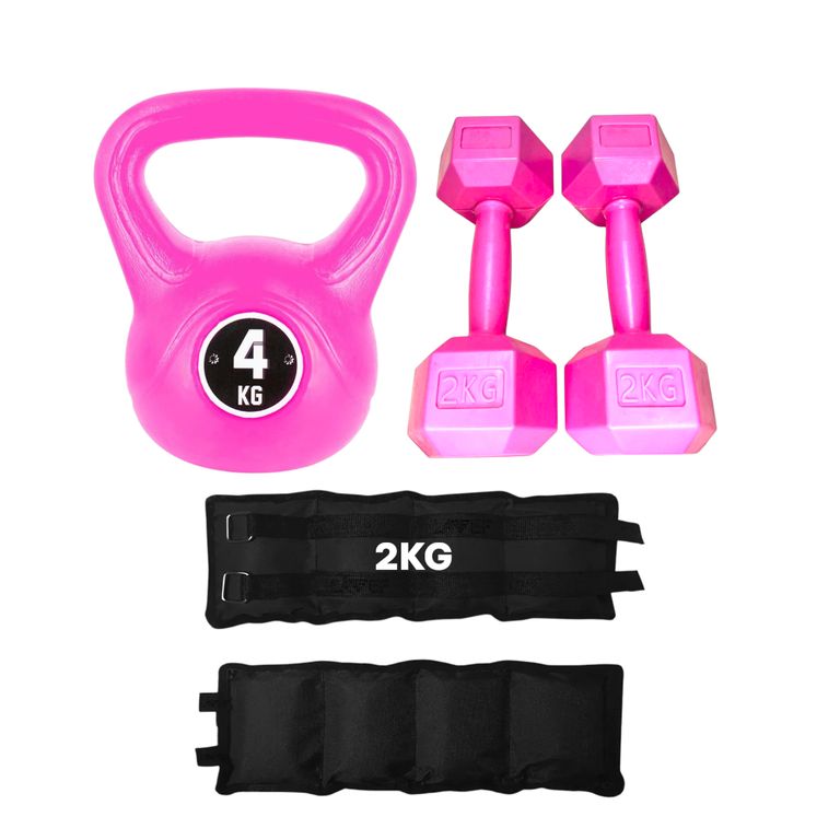 Pesa Rusa Kettlebell 4kg + Tobillera 2kg + Mancuernas de 2kg PVC - Variado