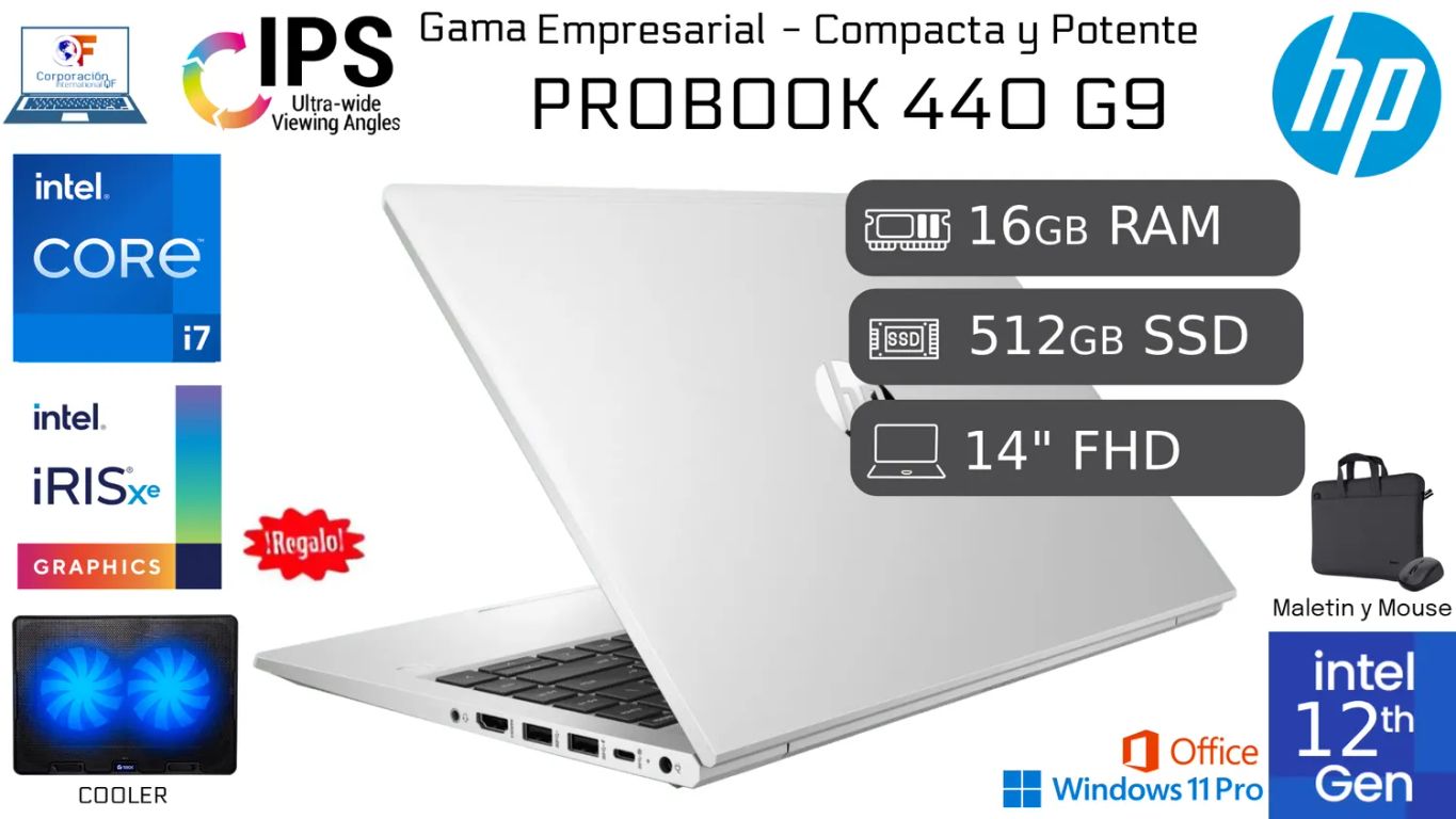 ProBook 440 G9 i7-1255U 16GB RAM 512GB SSD 14" IPS Reacondicionada 1 Año Garantía + COOLER