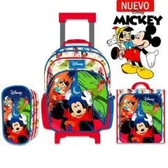 DISNEY CLASICOS - Set de Mochila A4 con Ruedas Lonchera y Cartuchera Mickey Mouse