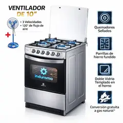 INDURAMA - Cocina Coruña De 4 Hornillas Gris + Ventilador