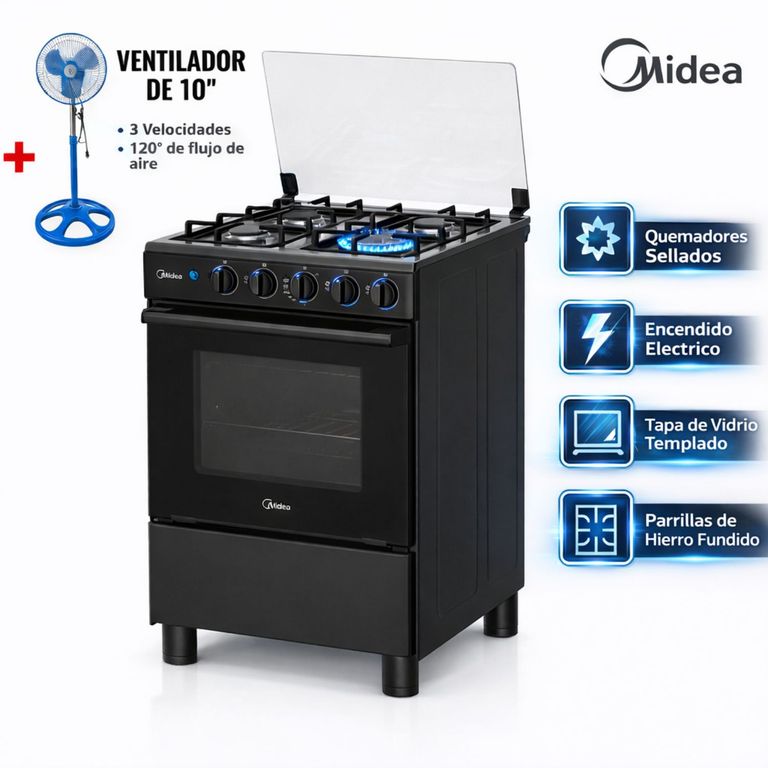 COCINA MGS24FS2LFABBC-PE 4 HORNILLAS NEGRO + VENTILADOR