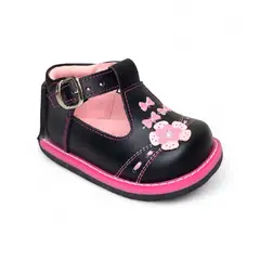 GENERICO - Zapato pibe semi-ortopédico clásico Flor y lazos Negro para niña bebé