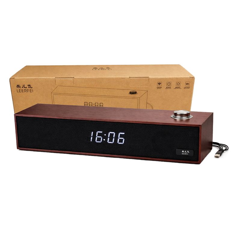 Parlante Bluetooth Tipo Madera 6W Soundbar Escritorio Con Reloj LED USB