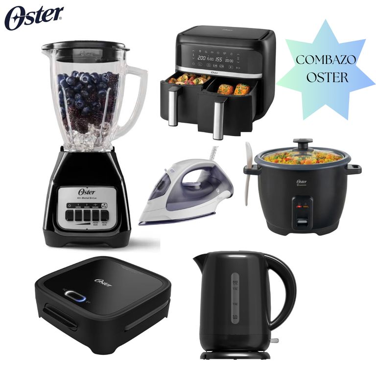 COMBO LICUADORA + FREIDORA DUAL 7.6L + ARROCERA + SANDWICHERA + HERVIDOR + PLANCHA