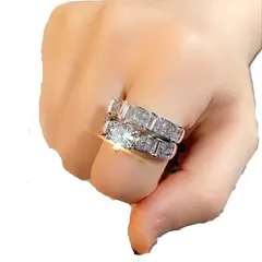 GENERICO - Anillo Doble Elegante Piedra Central Brillante Diseño Vintage Incrustaciones Zirconia