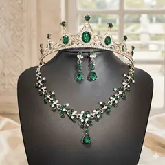 GENERICO - CORONA TIARA VINCHA PARA NIÑA - COLLAR + ARETE- ORO VERDE