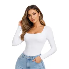 GENERICO - Body Modelador Manga Larga Cuello Cuadrado Blanco Control Abdomen y Moldea Cintura Talla L