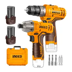 INGCO TOOLS - Taladro 12v + Atornillador De Impacto 12v + 2bats + Maletín de Transporte