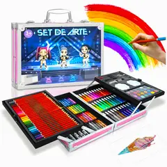 GENERICO - Set de Arte 145 Piezas Maleta con Colores, Plumones y Acuarelas Rosado