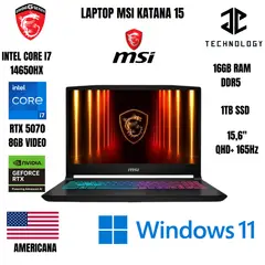 MSI - LAPTOP KATANA 15 INTEL CORE I7 14650HX / 16GB RAM DDR5 / 1TB SSD / RTX 5070 8GB VIDEO