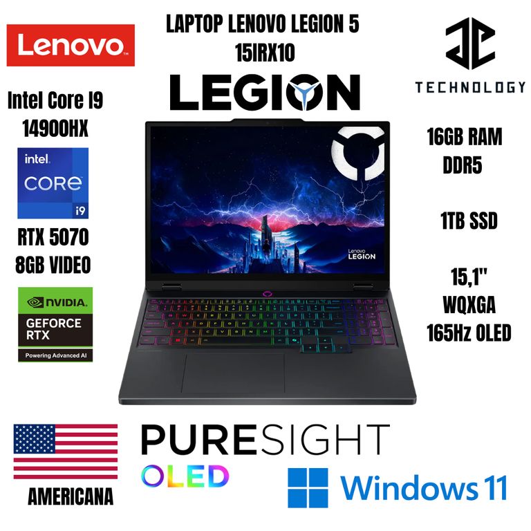 LAPTOP LEGION 5 / CORE I9 14900HX / 16GB DDR5 / 1TB SSD / RTX5070 8GB / 15,1" WQXGA OLED