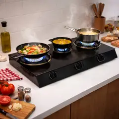 GENERICO - Cocina Gas 3 Hornillas Alta Potencia Vidrio Negro Parrillas Resistentes Compacta Funcional Portátil
