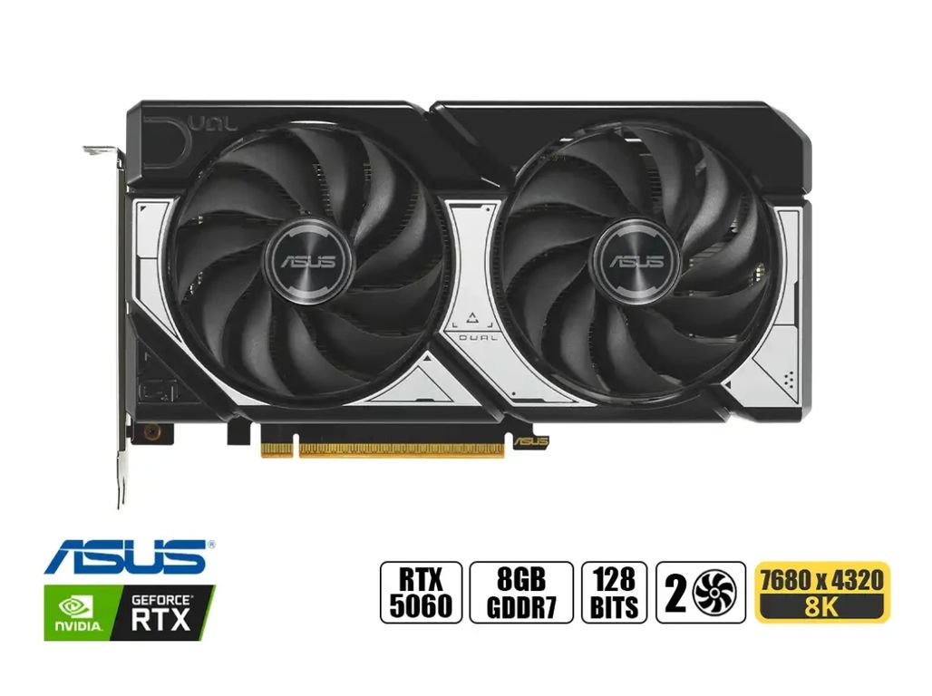 TARJETA DE VIDEO RTX 5060 DUAL ( DUAL-RTX5060-O8G ) 8GB GDDR7 - DLSS4 - X2 FANES - X3 DP 1 HDMI