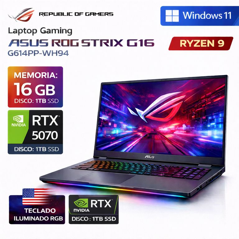Laptop Gamer ROG STRIX G16 Ryzen 9-8940HX 16GB RAM 1TB SSD RTX5070-8GB 16FHD+ 165HZ G614P-WH94