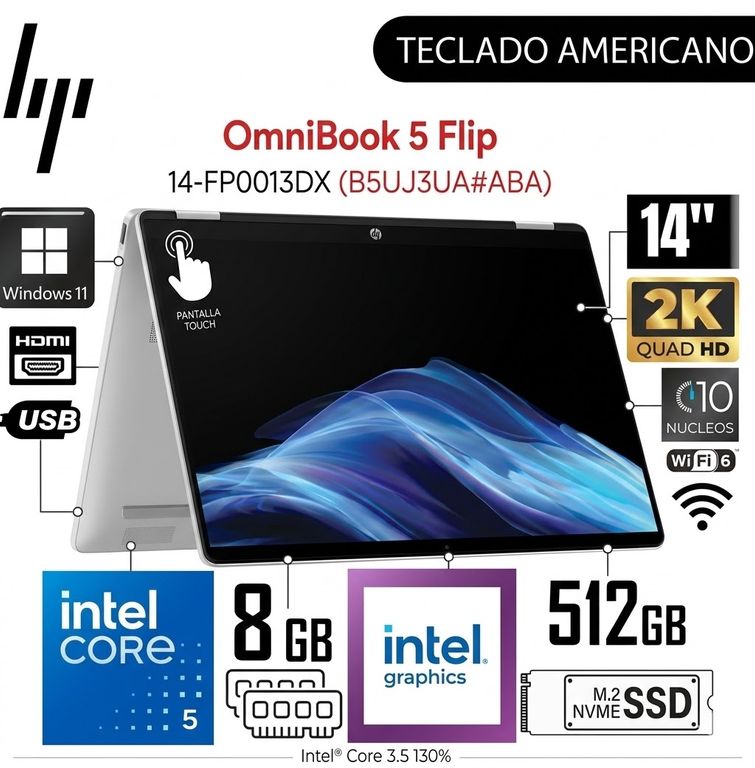 Laptop TACTIL X360 14' FHD Intel Core 5 120U 8GB 512GB SSD USB C W11 ULTRA VELOZ