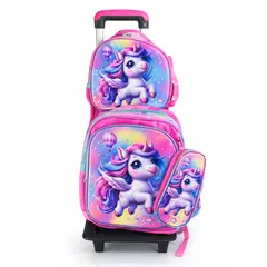 GENERICO - SET MOCHILA LUCES RUEDA 3D UNICORNIO ROSA- MOCHILA - LONCHERA Y CARTUCHERA