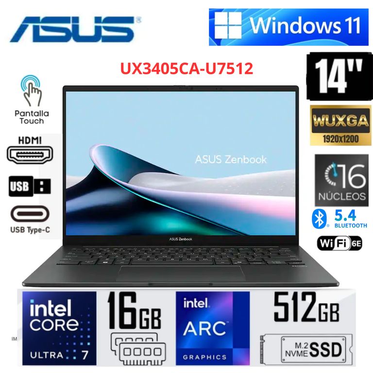 Laptop Zenbook 14 OLED Touch 14” WUXGA Intel Core Ultra 7 255H 16GB RAM 512GB SSD