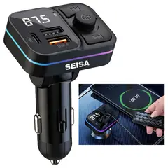SEISA - Transmisor Bluetooth Carga Rápida 2 USB Tipo C Auto Radio FM