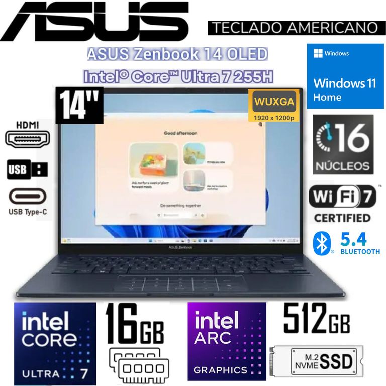 Laptop ZENBOOK 14" OLED Táctil Core™ Ultra 7 255H 16GB RAM 512GB SSD WUXGA UX3405CA-U7512