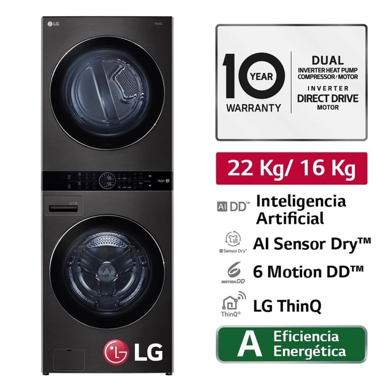 Centro De Lavado 22 kg y 16 Kg AI DD Carga Frontal Negro Acero WK22BS6