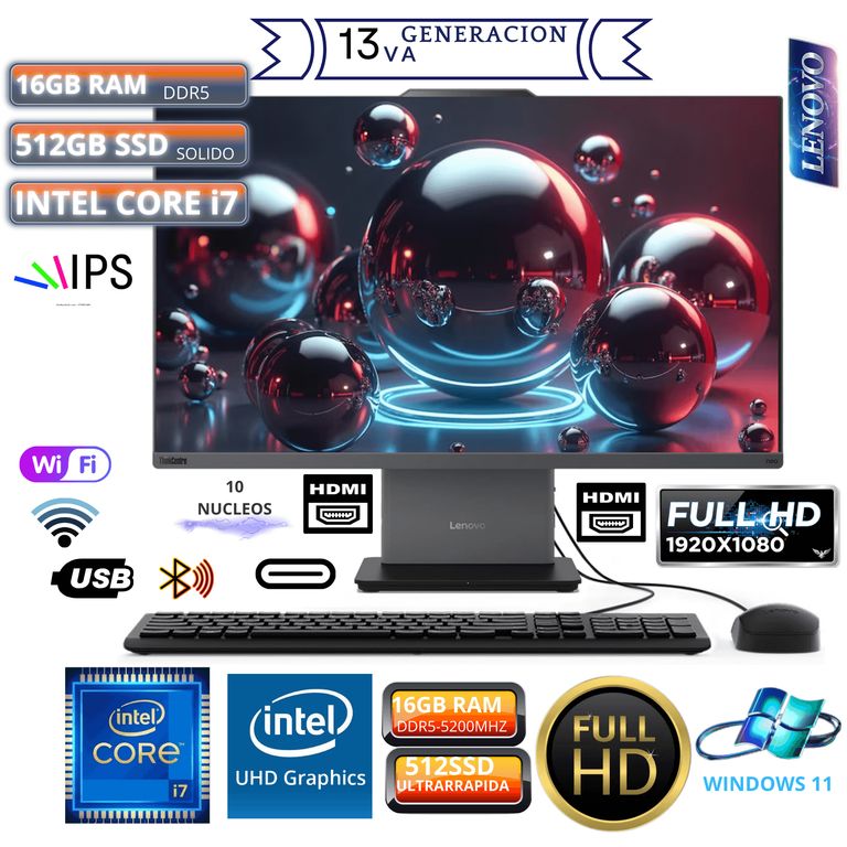 All In One IdeaCentre de 23.8", Intel Core i7-13620H (13va Gen), 10 núcleos, 16GB RAM