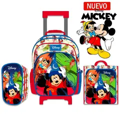 DISNEY PIXAR - Set de Mochila A4 con Ruedas Lonchera y Cartuchera Mickey Mouse