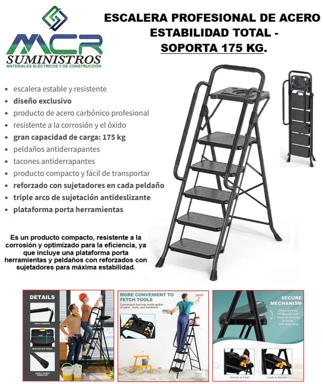 ESCALERA PROFESIONAL DE ACERO: ESTABILIDAD TOTAL - 5 PELDAÑOS.