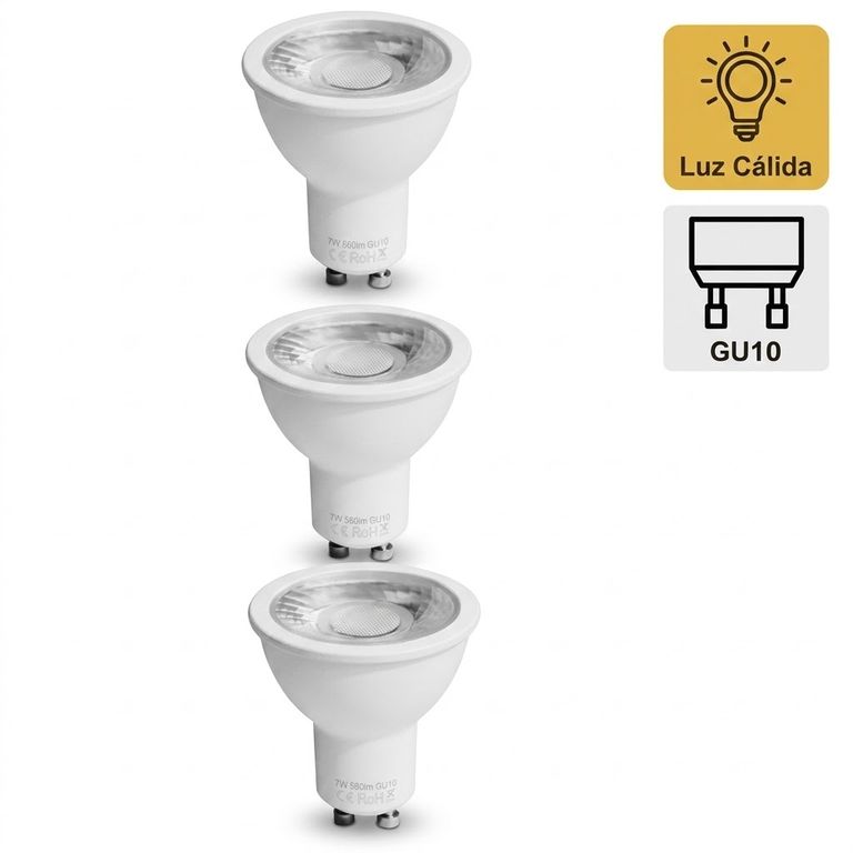 Pack x3 Foco Dicroico LED COB 7w Gu10 Luz Cálida