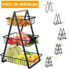 OEM - Cesta de Frutas Estilo Industrial con Asa de Madera para Cocina 3Niveles