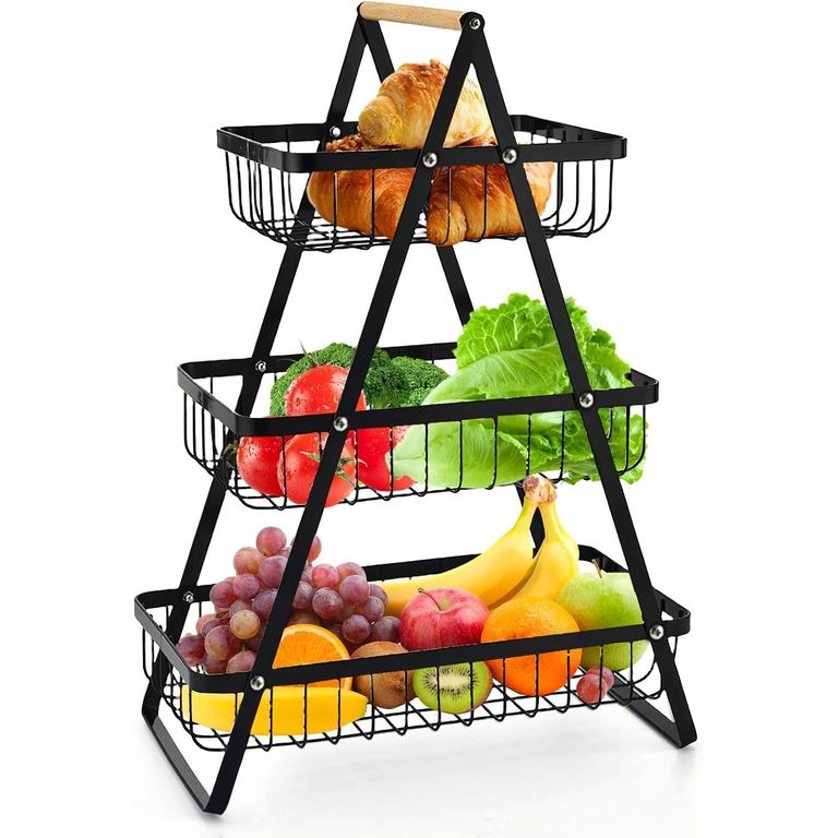 Frutero Organizador de 3 Niveles de Metal Negro - Gran Capacidad