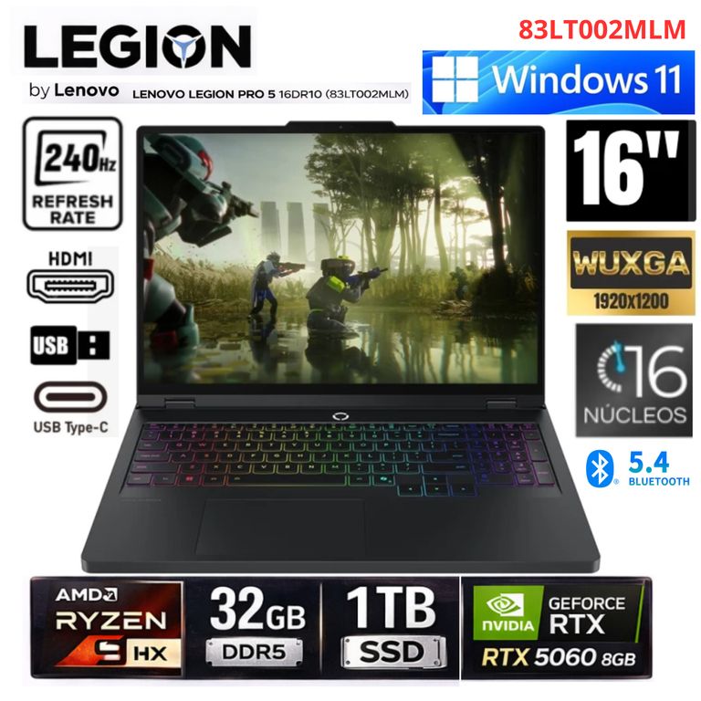 Laptop Legion Pro 5 16DR10 16" 240Hz AMD Ryzen 9-8945HX 32GB RAM 1TB SSD RTX 5060 8GB
